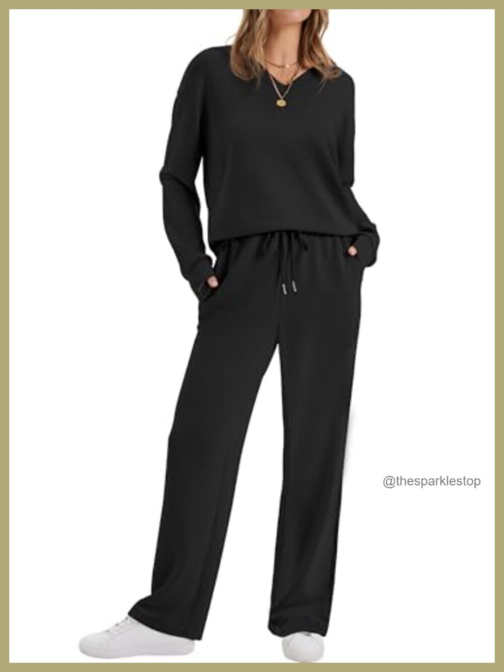 Women's 2 Piece Lounge Set Long Sleeve V-Neck Top Wide Leg Pants